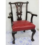 19thC Mahogany Library Desk Chair by Butler, with a red leather covered stuff-over seat, on carved