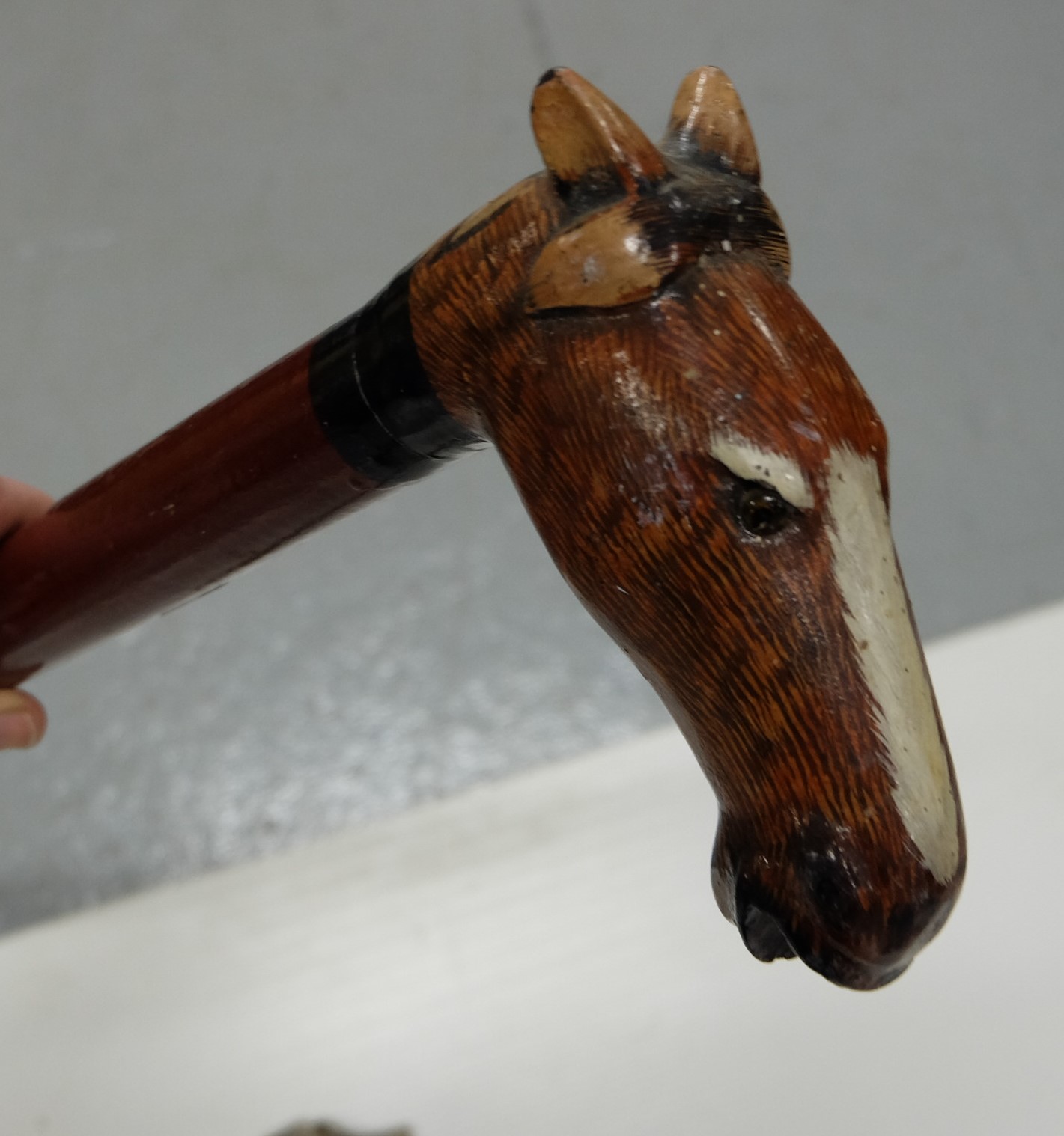 Two wooden walking sticks – 1 with carved handle in the form of a horse, with glass eyes & 1 with - Image 4 of 4