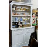 Modern Pine Kitchen Dresser, painted grey, 3 shelves above 2 apron drawers, 2 cabinets below, 86”h x