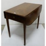 Georgian Inlaid Mahogany Pembroke Table with drop ends and apron drawer, tapered legs, extends 39”