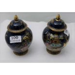 Matching Pair of bulbous shaped Wiln vases, with lids, blue ground with Chinese garden patterns, 6.