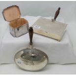 3 silver plate items – jewellery box with hinged lid (lined inside), (initialled) & 2 English