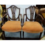 Matching Pair of Edw. Hepplewhite Style Carver Chairs, mauve coloured sprung seat, tapered legs