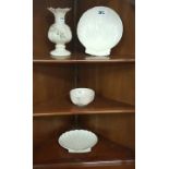 4 items Belleek - 1st period small bowl, later Vase & 1st period pair of scalloped shaped dishes (