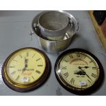 Bar items - 2 modern adv wall clocks (Guinness, Dennison), miniature wooden barrell & 4 wine buckets