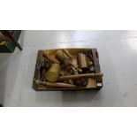Box of old brass items including oil cans, pumps etc