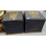 Pair of 19thC tapry covered foot sols with cred and hinged lids, Res Non Verba” etc, 16”w