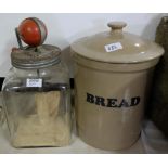 Sneware Bread Bin (circular) & a table p glass hand operated butter churn (2)