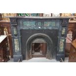 Edw. Black Slate Fireplace with green marbelised side panels, 60” w mantle x 50”h and a cast iron