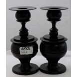 Pair of Antique Fine Ebony Candlicks, bulbous stems,