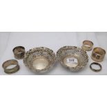 Assortment of 5 silver napkin rings & pair of pierced Birmingham silver bon bon dishes (7)