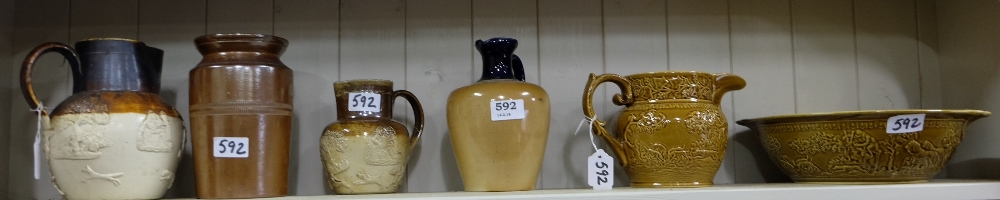 Shelf of creamware and sneware – Douln Jugs, mixing bowl with matching jug etc,