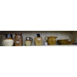 Shelf of creamware and sneware – Douln Jugs, mixing bowl with matching jug etc,