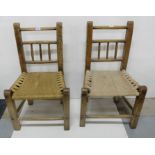 Matching Pair of Irish Elm/Ash Sugan Chairs, with rail backs, on square legs, turned stretchers (2)