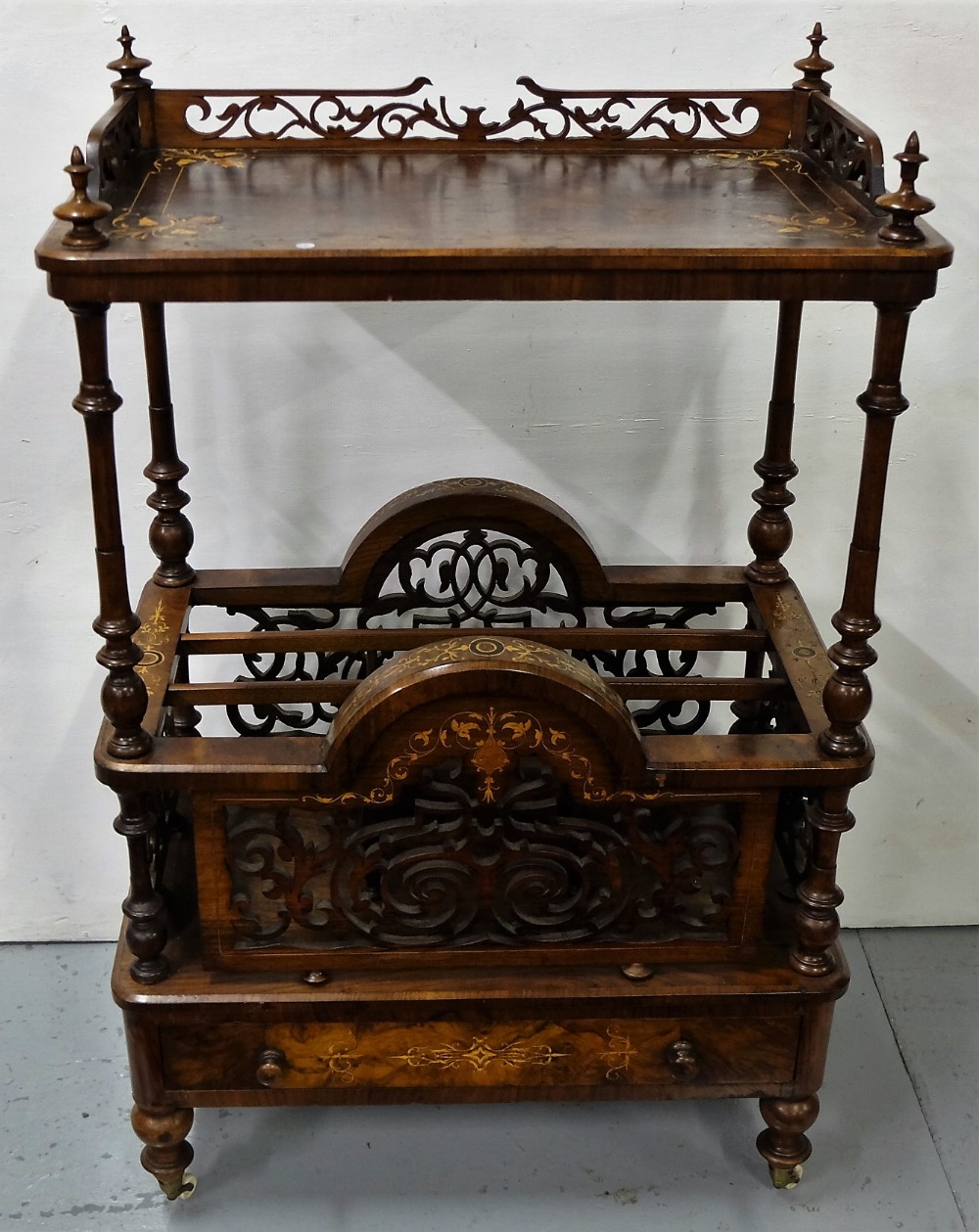 Victorian Walnut Whatnot, a raised fretwork gallery over a lower magazine compartment and stretcher