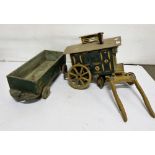 Small wooden caravan (painted green, wheels damaged) & a wooden cart (2)