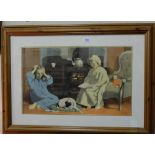 Large colour print, "Bedtime Stories", after T CARR, in a pine frame, 27"h x 38"w