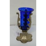 Silver plated tabernacle vessel, with engraved base and leaf shaped bowl supports, blue bowl
