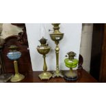 3 brass based oil lamps (no shades) & a box of lamp burners, globes, shades etc