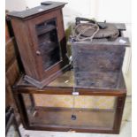 Glass table top display case, a small cabinet with shelves, butter box with record player (3)