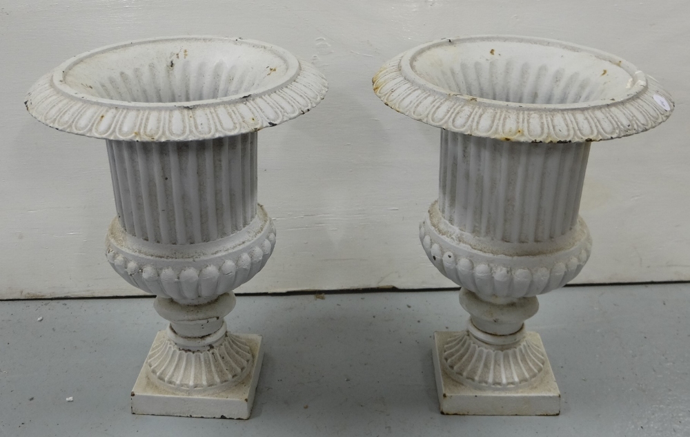 Matching Pair of small Metal Jardinières, painted white, 14”h