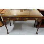 Mahogany hall table, 2 apron drawers with brass handles on cabriole legs, ball and claw feet,