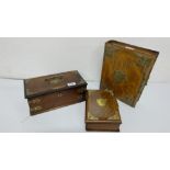 2 late 19thC oak book shaped hinged boxes with brass clasps & a hinged velvet lined box (3)