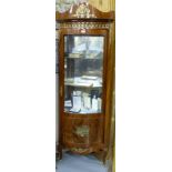 French reproduction Corner Cabinet, with mirror back and glass shelves, decorative brass mounts,