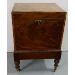 Georgian Mahogany wine cooler, square shaped and inlaid top, opening fitted compartment, brass