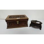 Fretwork mahogany hinged document box & a small mahogany carved jewellery box (with keys) (2)