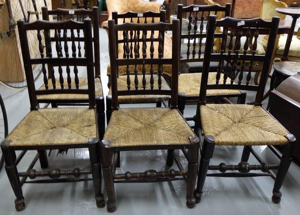 Set of 6 similar oak kitchen chairs, 19th Century with turned spindle backs and double stretchers,