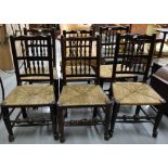 Set of 6 similar oak kitchen chairs, 19th Century with turned spindle backs and double stretchers,
