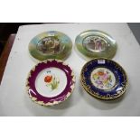 Set of 3 china wall plates, hand-painted and 2 pairs of cabinet plates, one Cauldron, "Farming