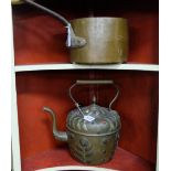 Indian Copper Kettle with ornate glass inserts & an antique copper saucepan (2)