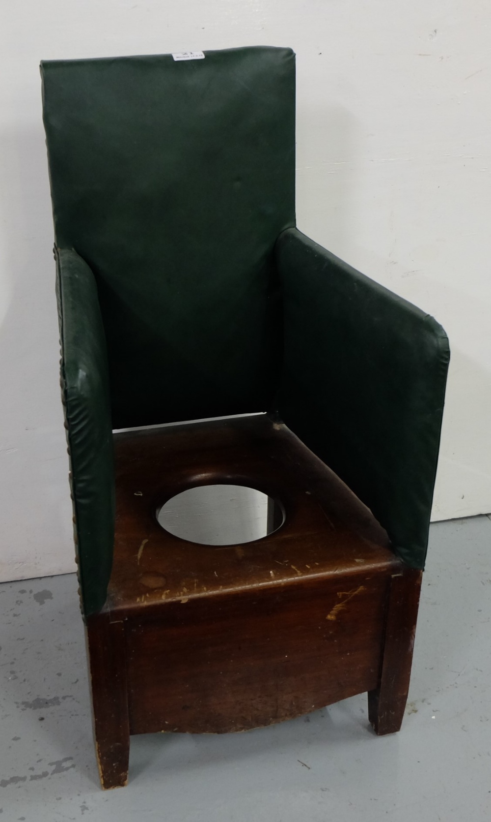 Georgian Child’s Commode, green leather back, mahogany seat, 34”h