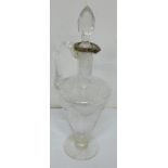 Cut glass urn shaped ewer with solid silver rim and original cut glass stopper, 14"h