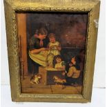 19thC Oil on Canvas – “Mother Plucking a Goose, along with her children”, gold frame, 17.5” x 13.5”