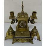 Late 19thC Brass Desk Set incorporating a clock, with bracket candlesticks, ink wells with blotter