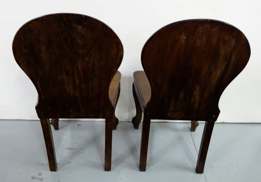 Matching pair pitch pine, mahogany finish hall chairs with cabriole front legs and crested backs ( - Image 2 of 2
