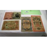 4 Russian Rouble notes, 25 Roubles 1909 (with Czar Nicholas II), 10 Roubles 1909, 5 Roubles 1909 and