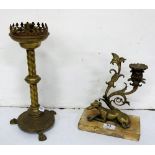 Church Brass Candlestick & a Greyhound based candlestick (2)