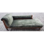 Edwardian inlaid mahogany chaise longue, on turned legs, brass castors, green velour padded seat