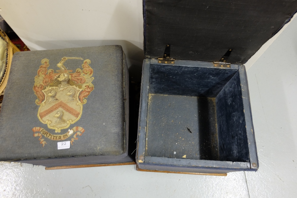 Pair of 19thC tapestry covered foot stools with crested and hinged lids, Res Non Verba” etc, 16”w - Image 2 of 2