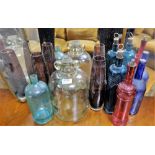 Assorted coloured glass bottles & a box of clear bottles