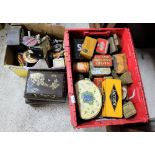 Box of biscuit tins etc (advertising) & adv beer pull tops & optics etc