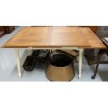 Teak pped kitchen table, extendable on both ends, cream painted base, 36"w, extends 76"