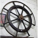 Large Oak Ships Wheel (with later frame), stamped “Harland and Wolf”, brass centrepiece, 5ft dia