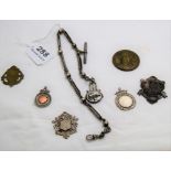 6 silver etc medals and a watch chain with seal fob (7)