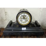 19th Century mantel clock in black marble case, scrolled, visible escapement, 16"w x 10"h