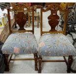 Matching Set of 6 Walnut Dining Chairs, with splat backs (5 + 1 carvers) green floral covered seats